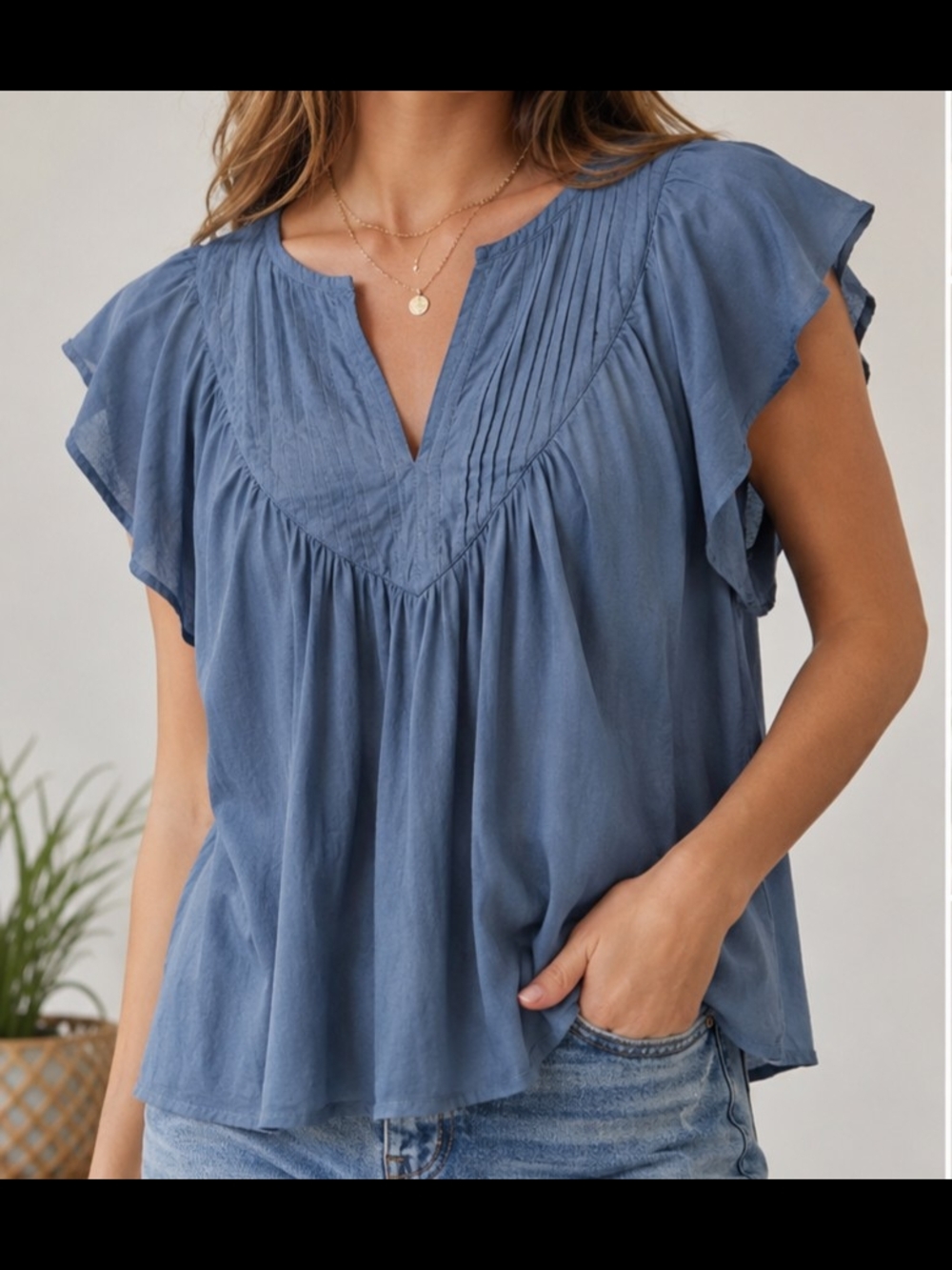 Maurices XL Blue 100% Cotton Flutter Sleeve Peasant Blouse Boho Cottagecore Top